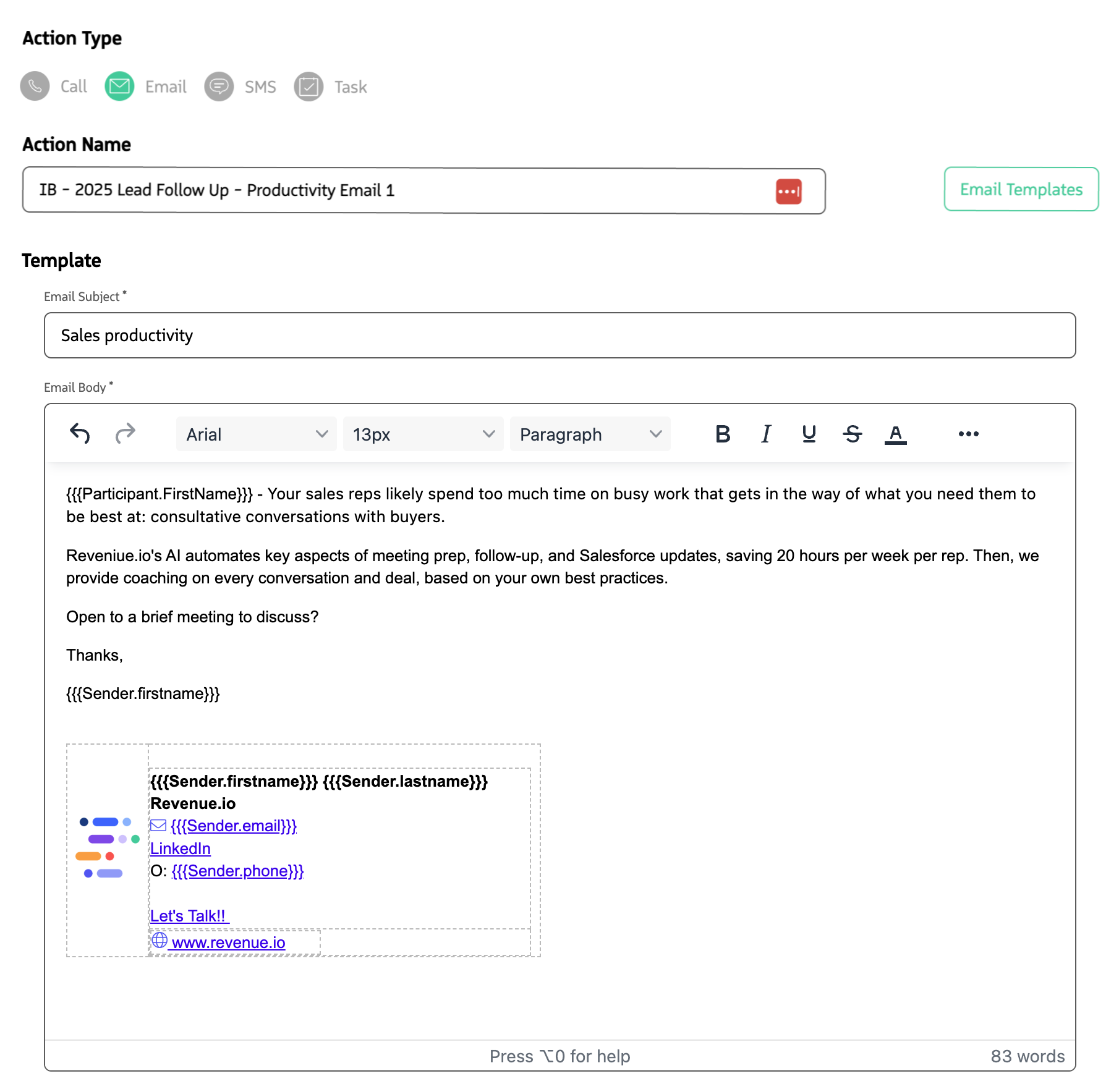 Sequence Builder or Engage showing an Email action and email template in use.