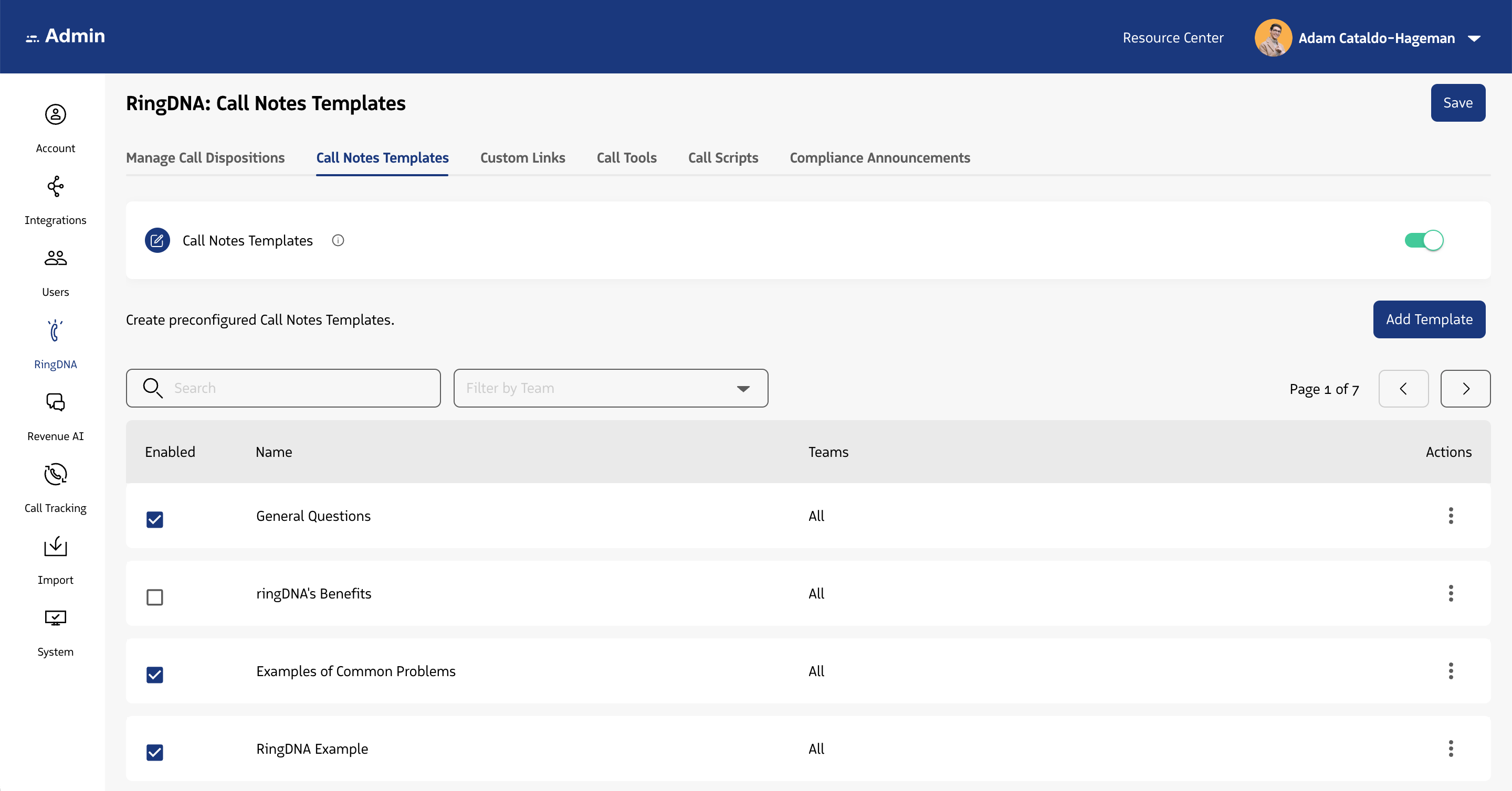 Placeholder: RingDNA Admin Console or Call Notes Templates configuration.
