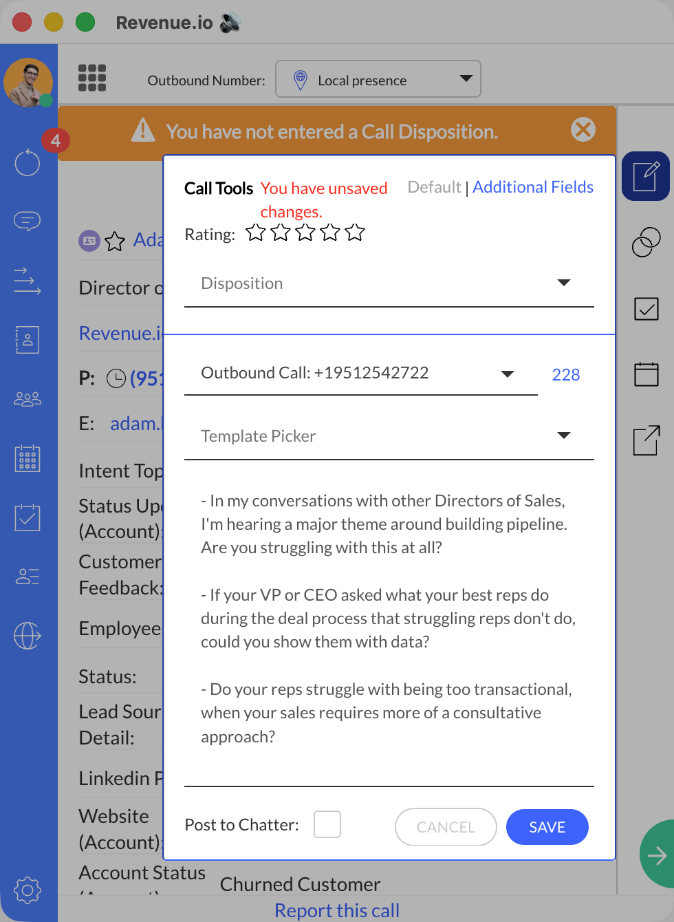 Placeholder: Engage view with Call button and Call Tools panel showing Notes populated by a template.