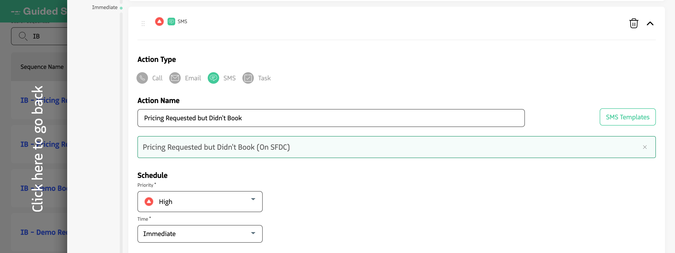 Sequence Builder showing an SMS action with SMS Template selected.