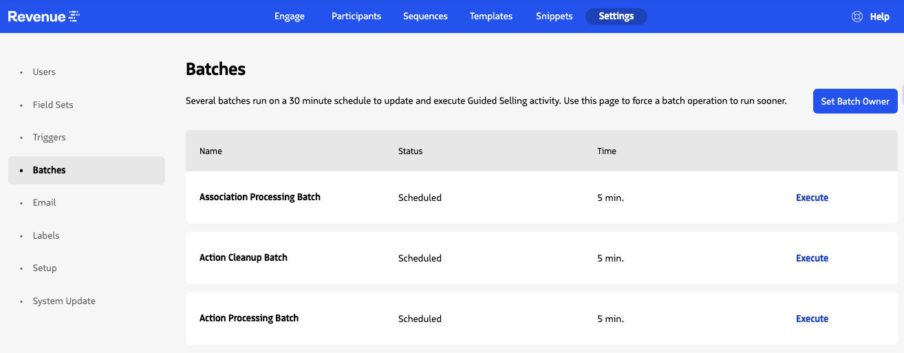 Guided Selling Batches settings page showing Action Processing Batch, Action Cleanup Batch, and Association Processing Batch as separate jobs with status, time, and Execute controls