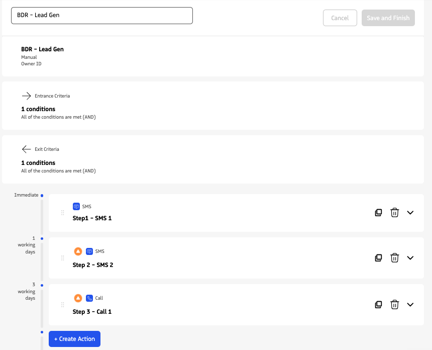 Sequence builder in edit mode showing saved configurations and action list
