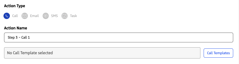 Sequence action builder showing type, name, and template configuration