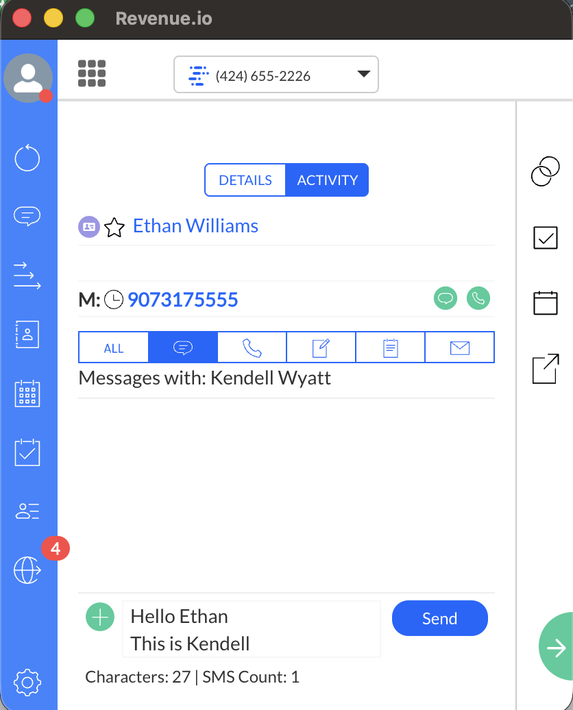 RingDNA dialer showing a Manual SMS message with Recipient First Name and Sender First Name merge fields resolved to Ethan and Kendell