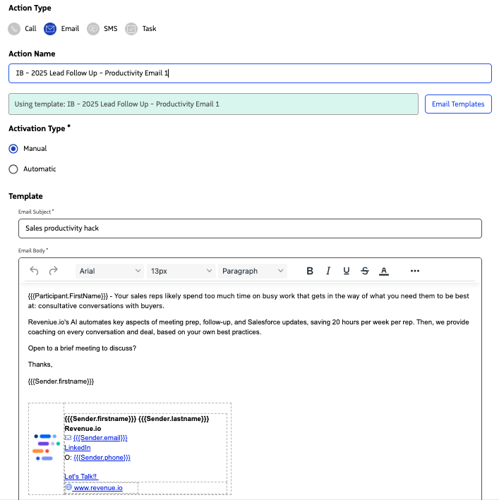 Sequence Builder or Engage showing an Email action and email template in use.