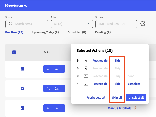 Bulk action menu in Engage showing Skip options