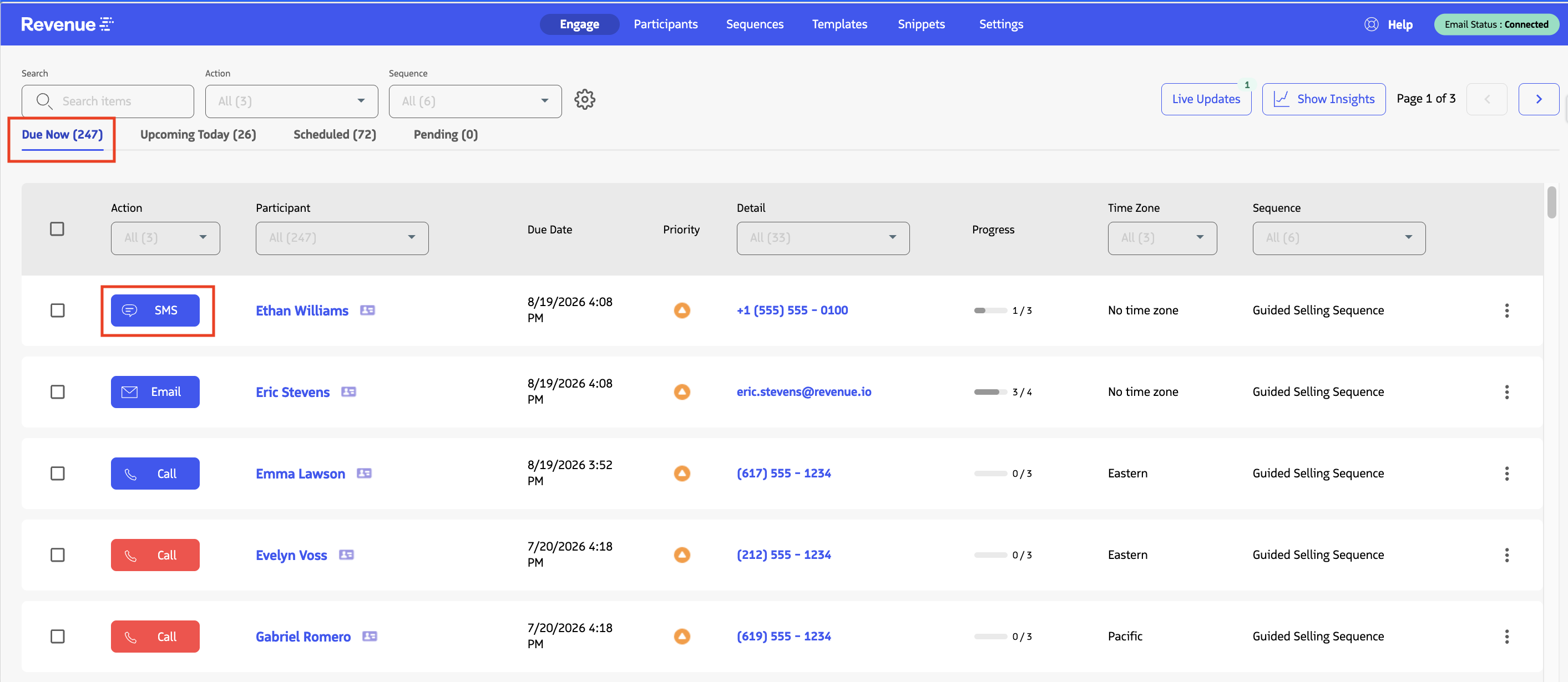 The Engage view with action buttons for Call, SMS, Email, and Task highlighted