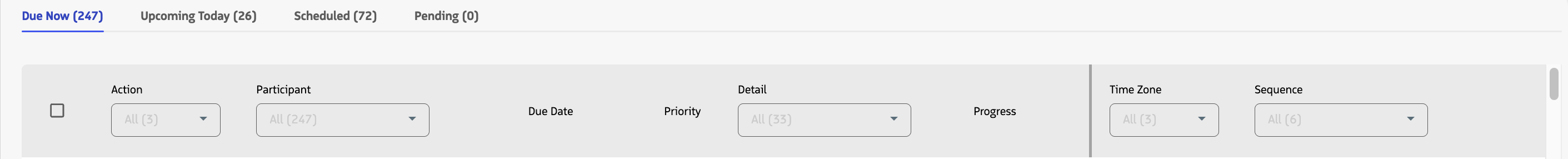 Engage table with Header Filters enabled for Action, Participant, Detail, Time Zone, and Sequence columns.