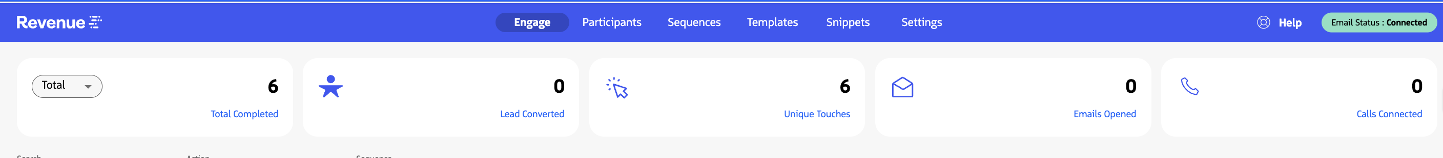 Guided Selling Engage Insights showing daily performance metrics for completed actions, Lead conversions, unique touches, emails opened, and calls connected.