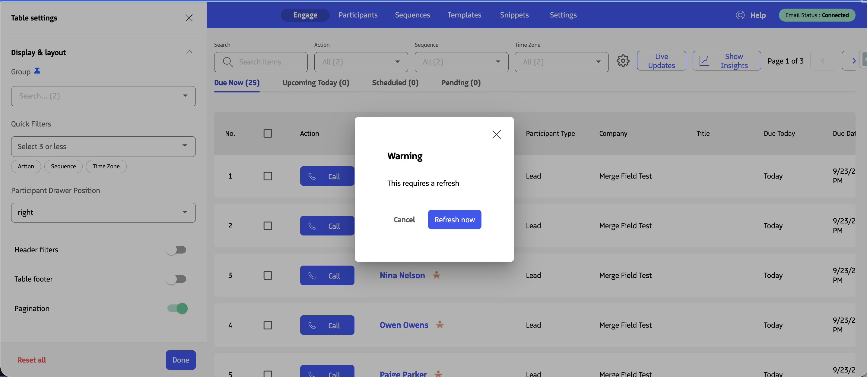 Warning displaying a confirmation for enabling pagination which requires a refresh.
