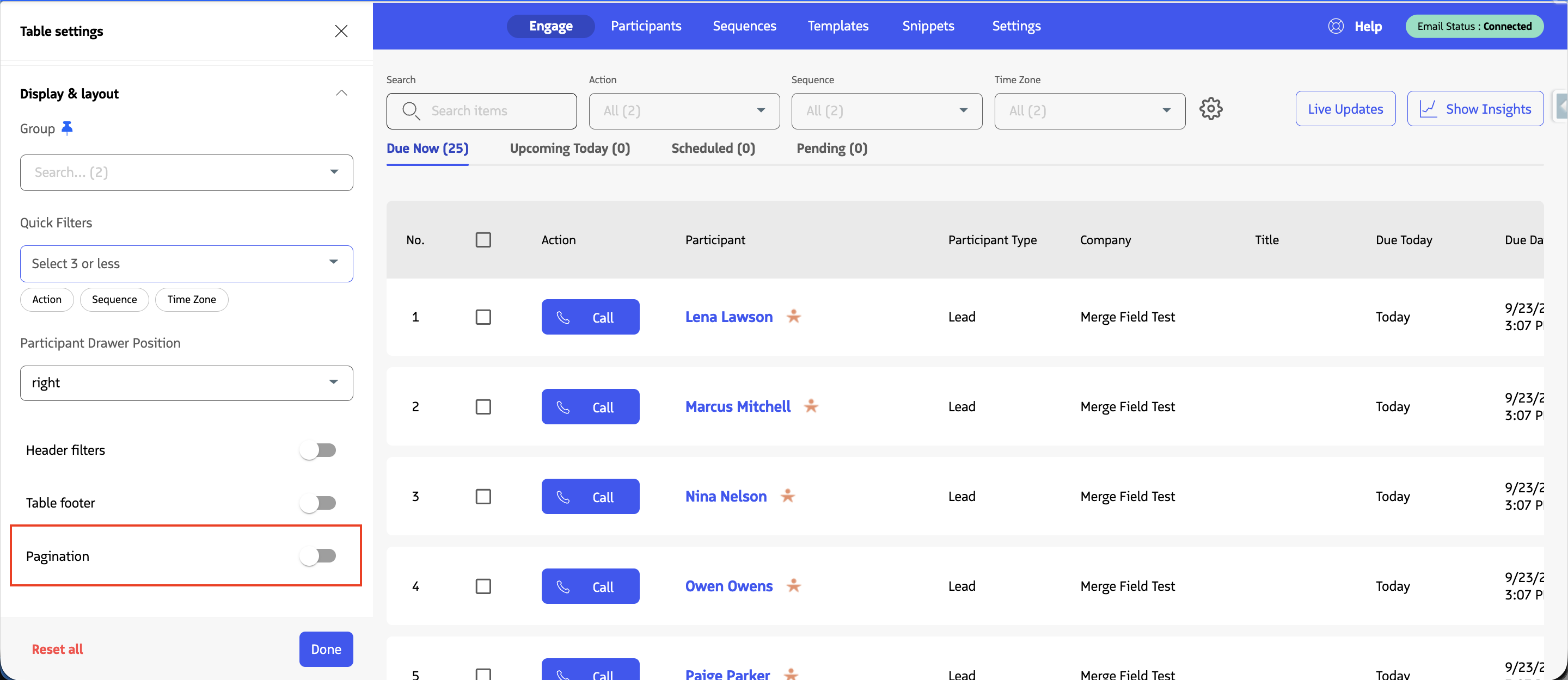 Enable pagination toggle within the Engage settings.