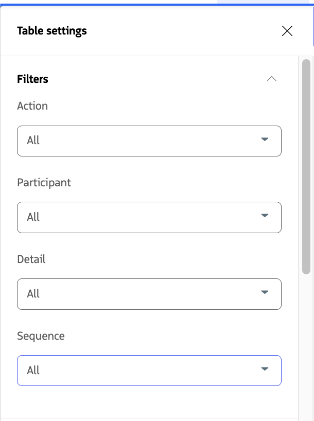Engage Table settings panel showing filters for Action, Participant, Detail, and Sequence.