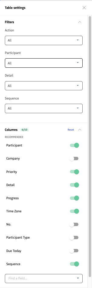 Engage Table settings showing Filters and Columns, including recommended columns and the Find a field option.