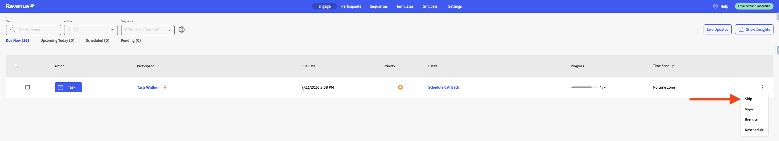Skip option in the Engage action dropdown menu