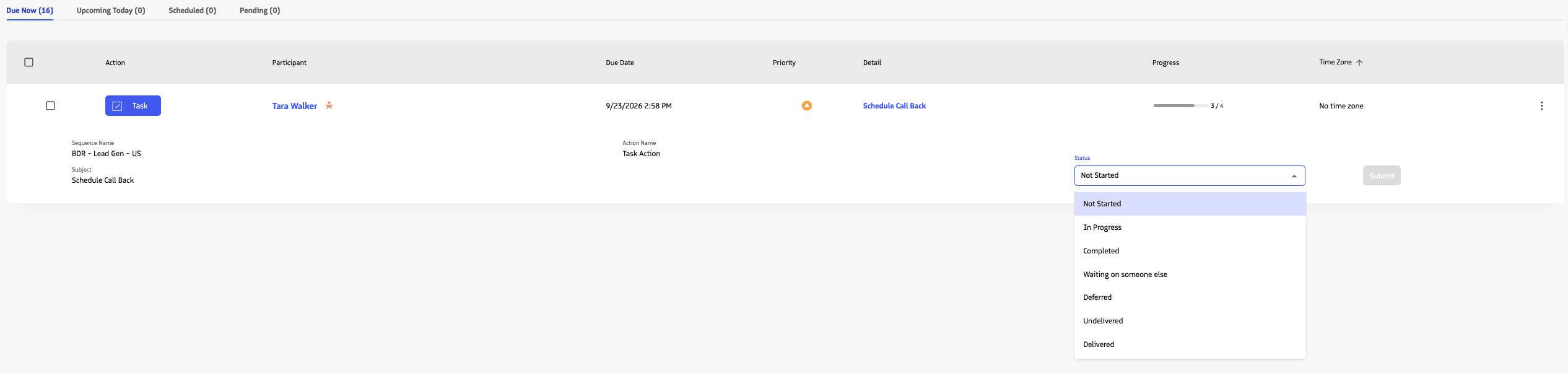 Expanded task action in Guided Selling Engage showing task details and available controls.