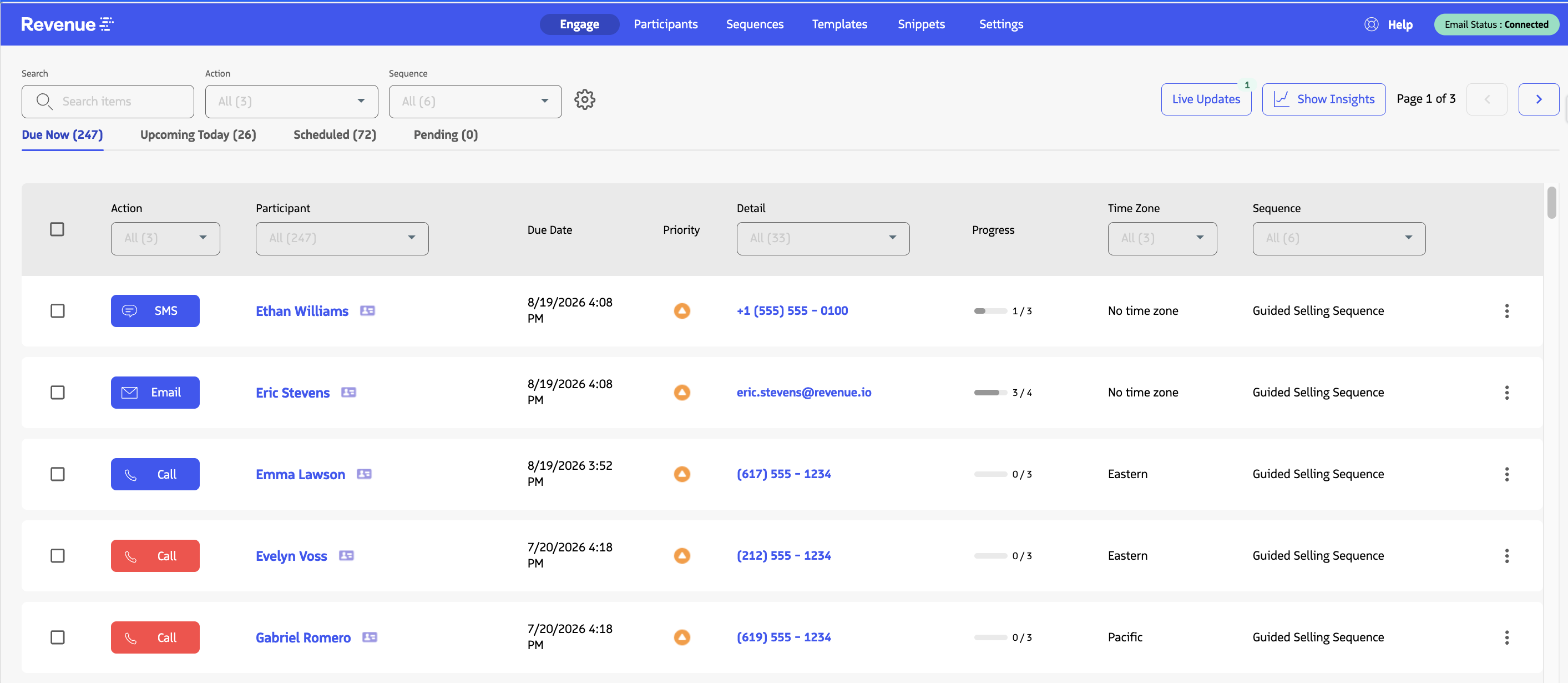 Engage view showing action filters, participant actions, Due Now and upcoming tabs, and the Show Insights button.