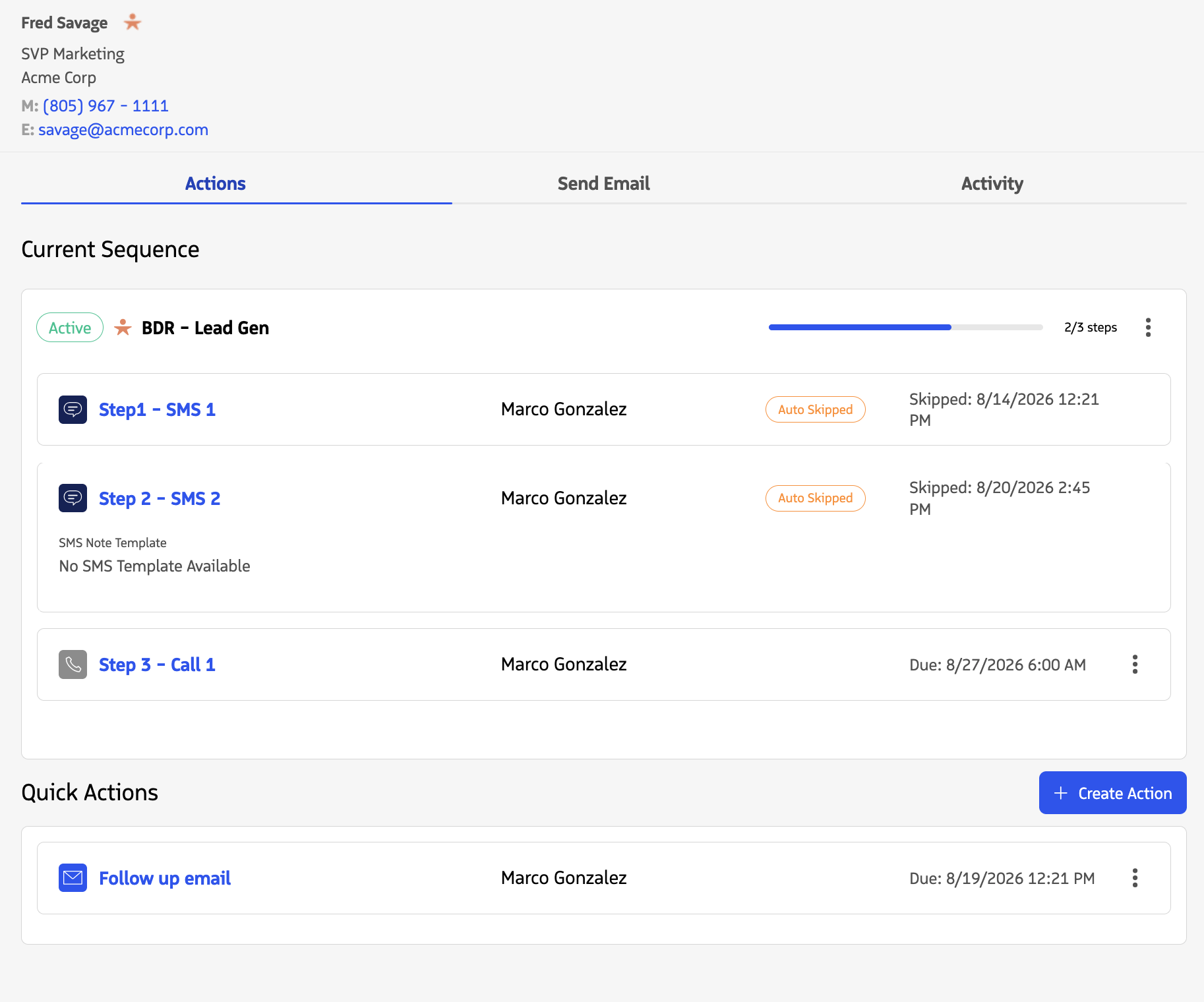 Participant overview module for a Lead in an Active sequence showing a list of past and future actions