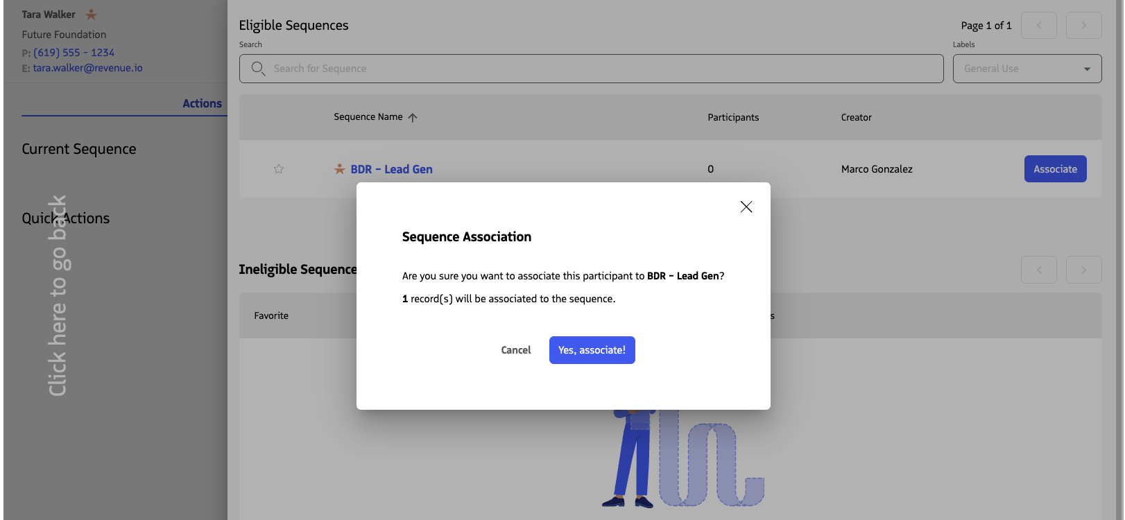 Sequence enrollment confirmation prompt with the Yes, associate! button.