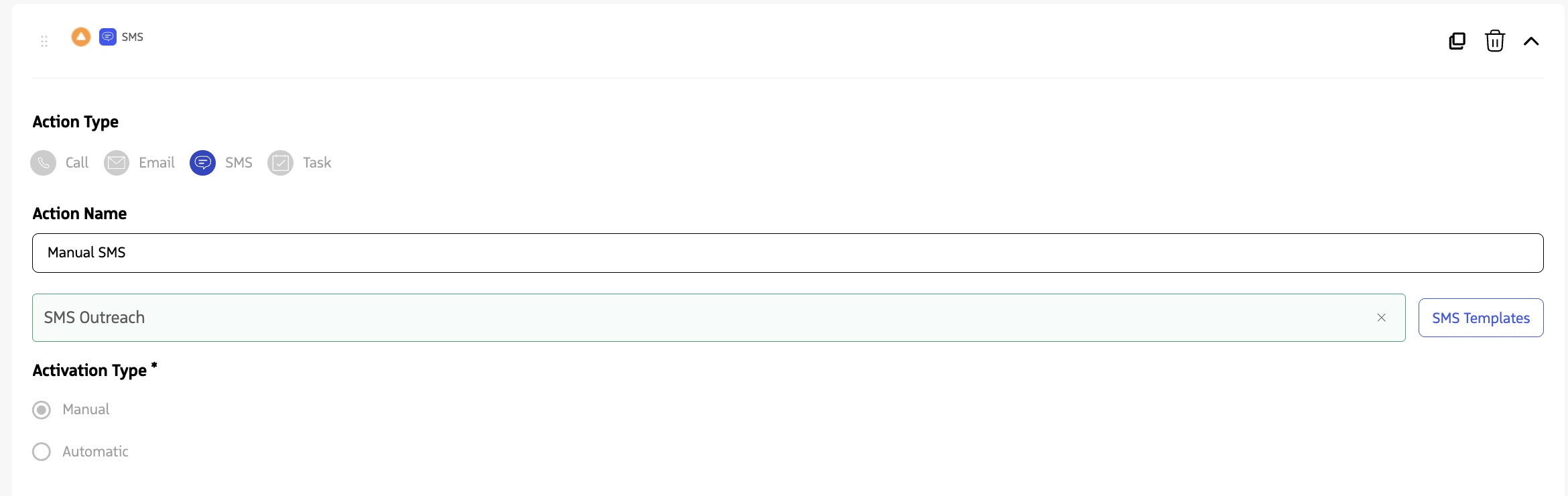 Sequence Builder showing an SMS action with the SMS Outreach template selected and Manual and Automatic activation options.