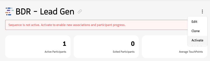 Sequence header showing inactive banner and menu options Edit, Clone, and Activate