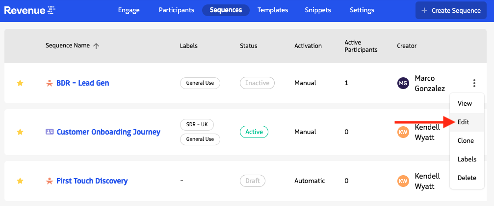 Sequence list showing menu options View, Edit, Clone, Labels, and Delete with pointer on Edit