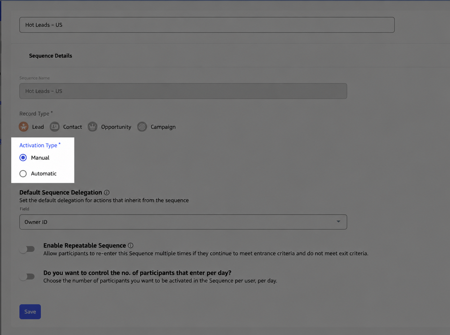 Activation Type selection showing Manual and Automatic options.