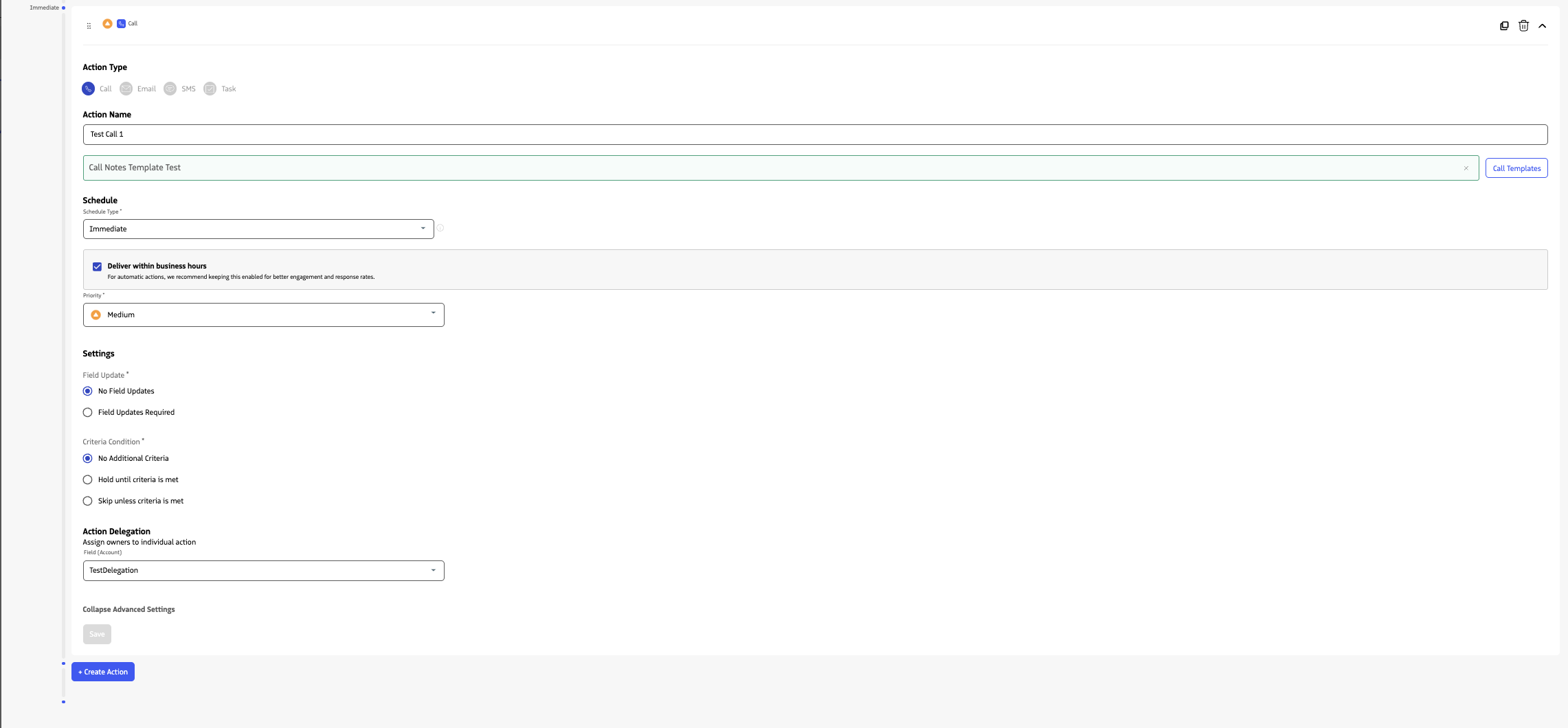 Actions list or action configuration showing order and timing.