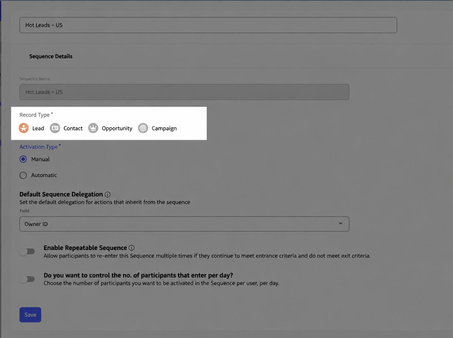 Record Type dropdown or sequence details showing record type selection.