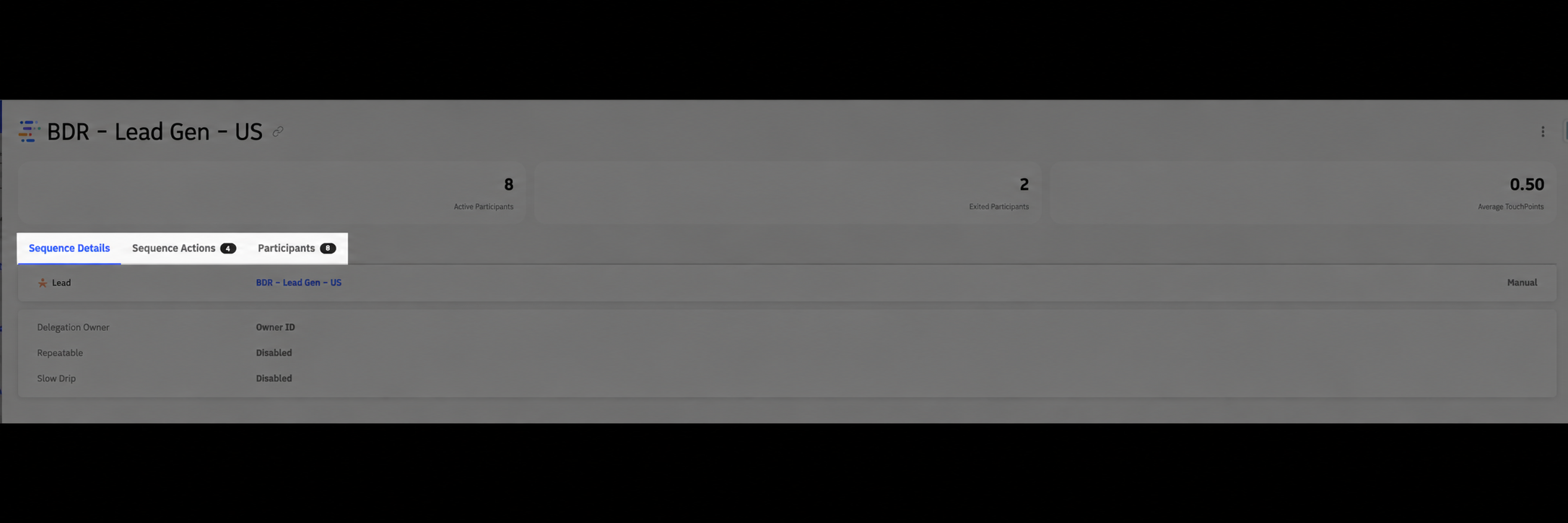 Left vertical menu with Sequence Details, Sequence Actions, and Participants options and main content area.