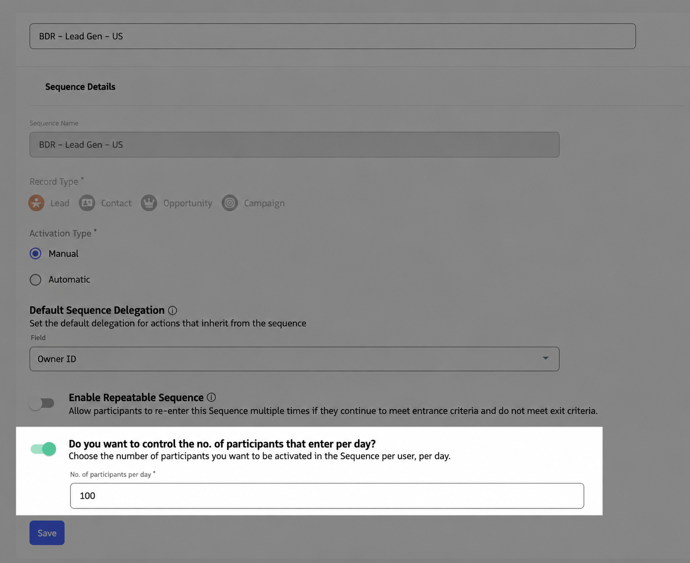 Screenshot of the Slow Drip setting on a sequence: toggle for controlling participants per day and field for the daily number.