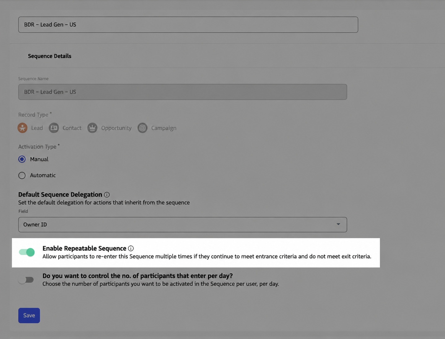 Screenshot of a Guided Selling sequence UI showing the Enable Repeatable Sequence option.