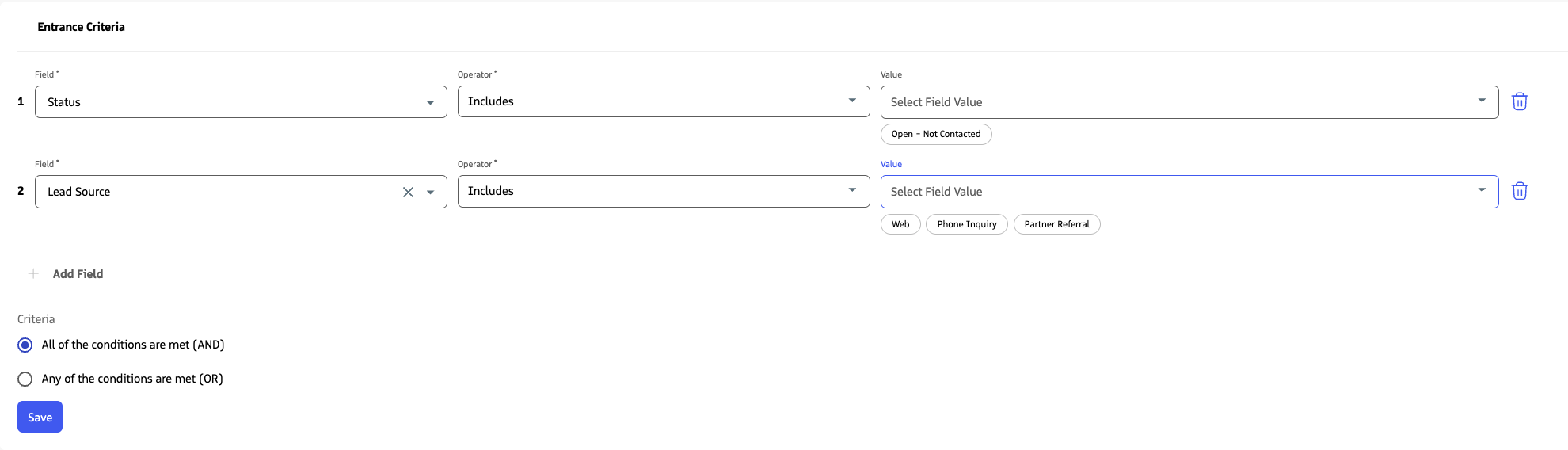 Entrance criteria section in the sequence UI.