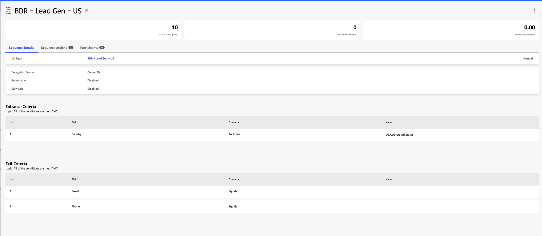 Screenshot of a Guided Selling Sequence Showing Entry and Exit criteria.