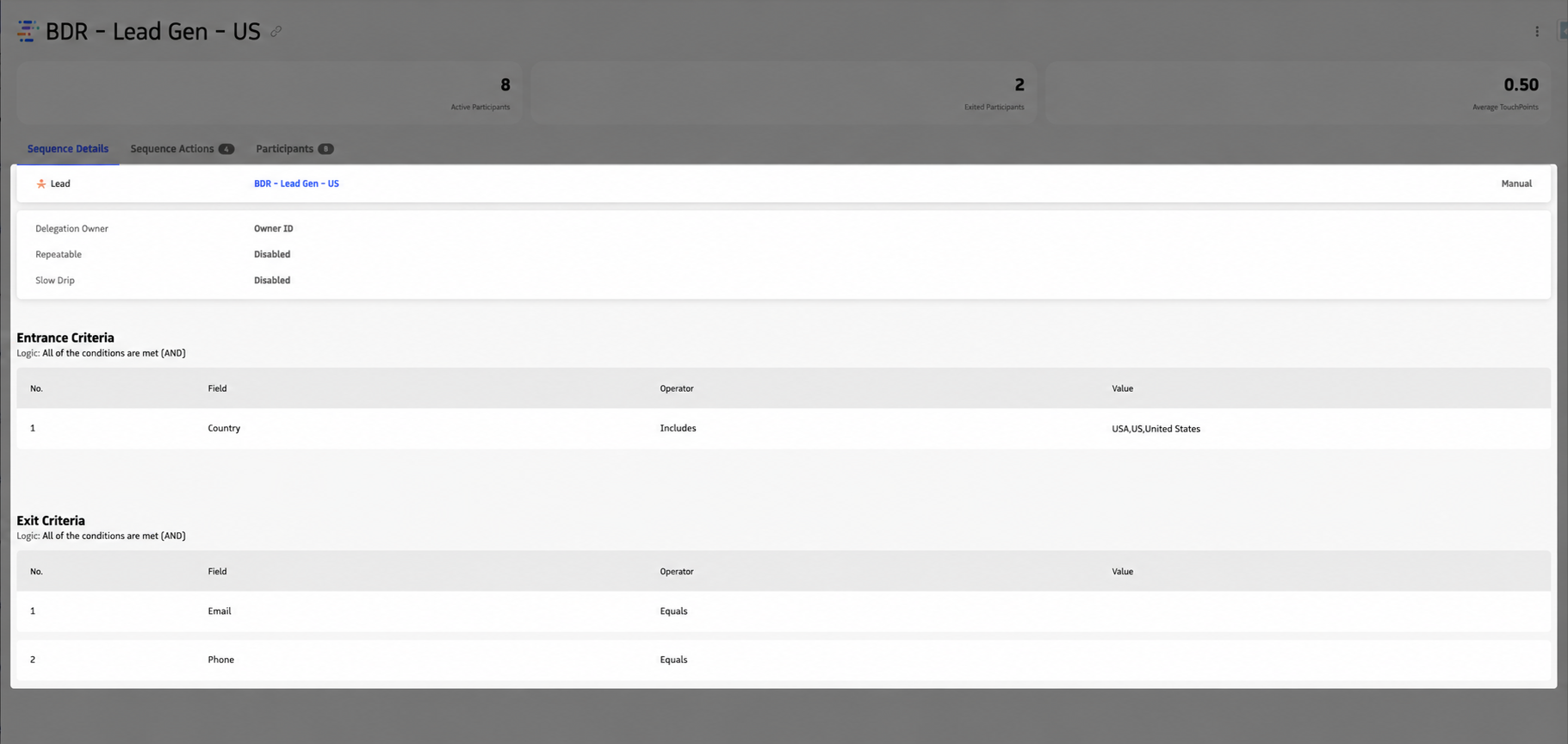 Sequence Details panel showing type, activation type, settings, and entrance and exit criteria.