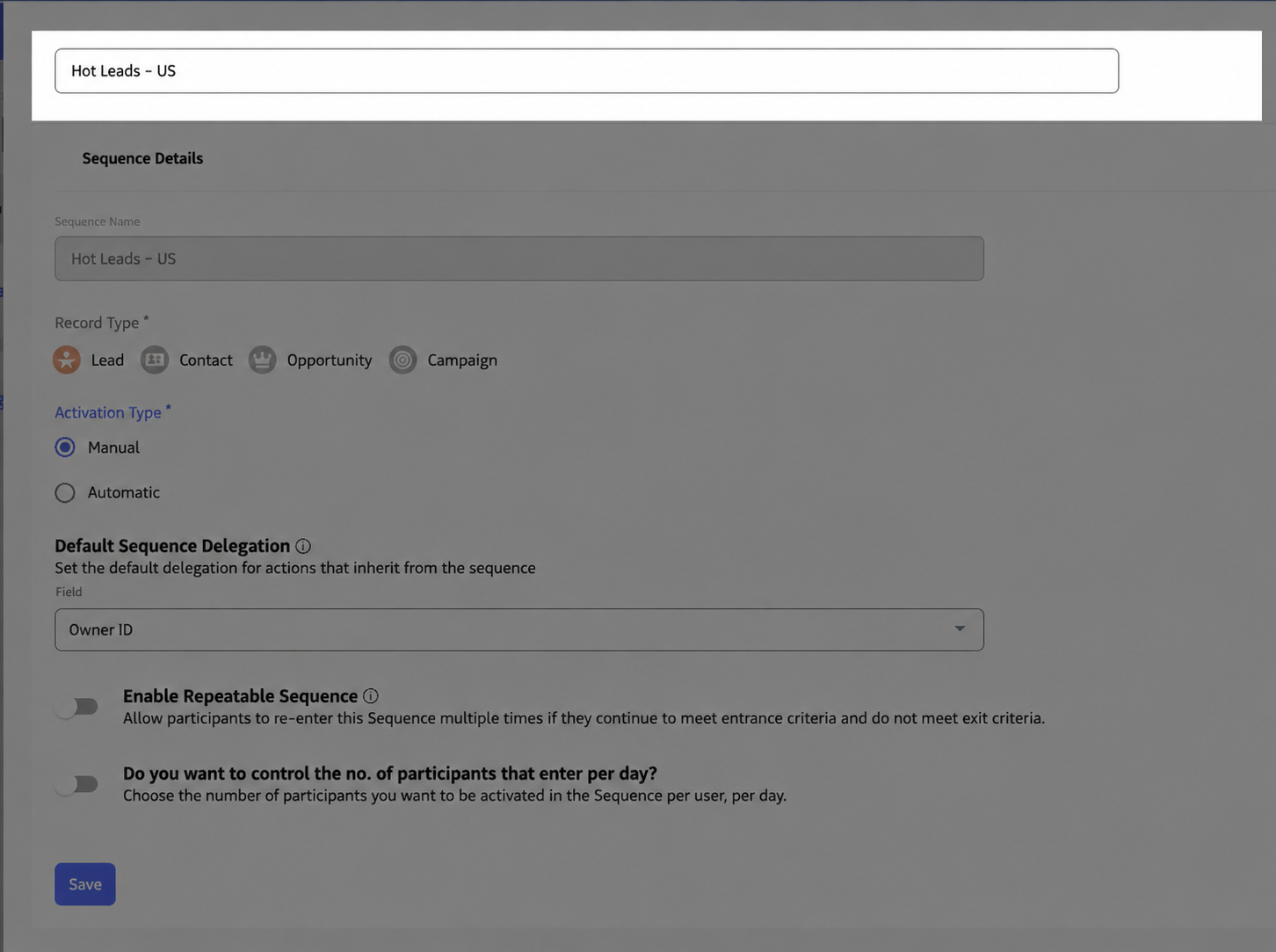 Sequence name field or create-screen header.