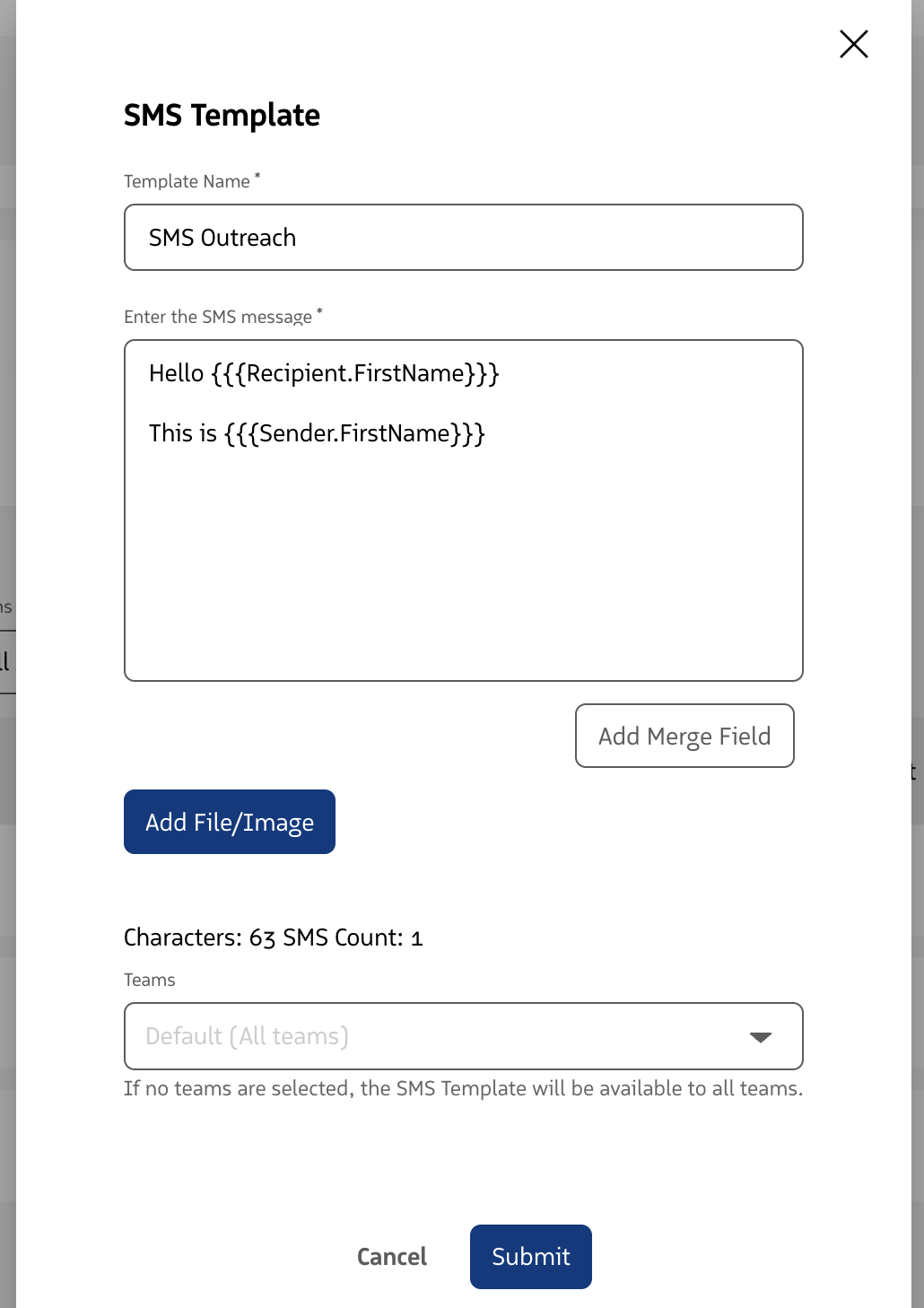 SMS Template editor showing Recipient First Name and Sender First Name merge fields in the message body.