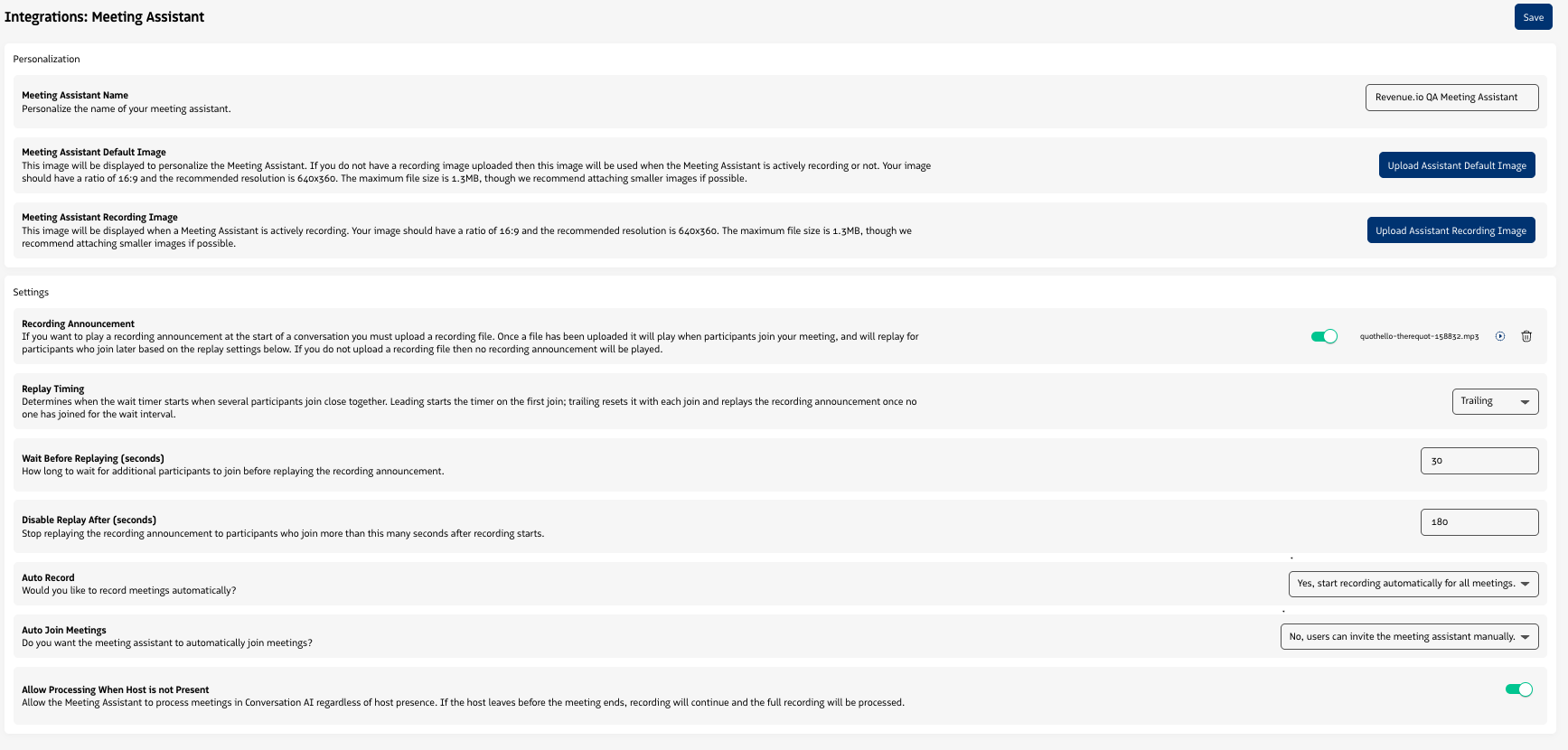 Meeting Assistant settings in Admin