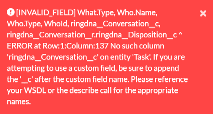 Example Salesforce error message showing 'INVALID_FIELD' and insufficient access warning