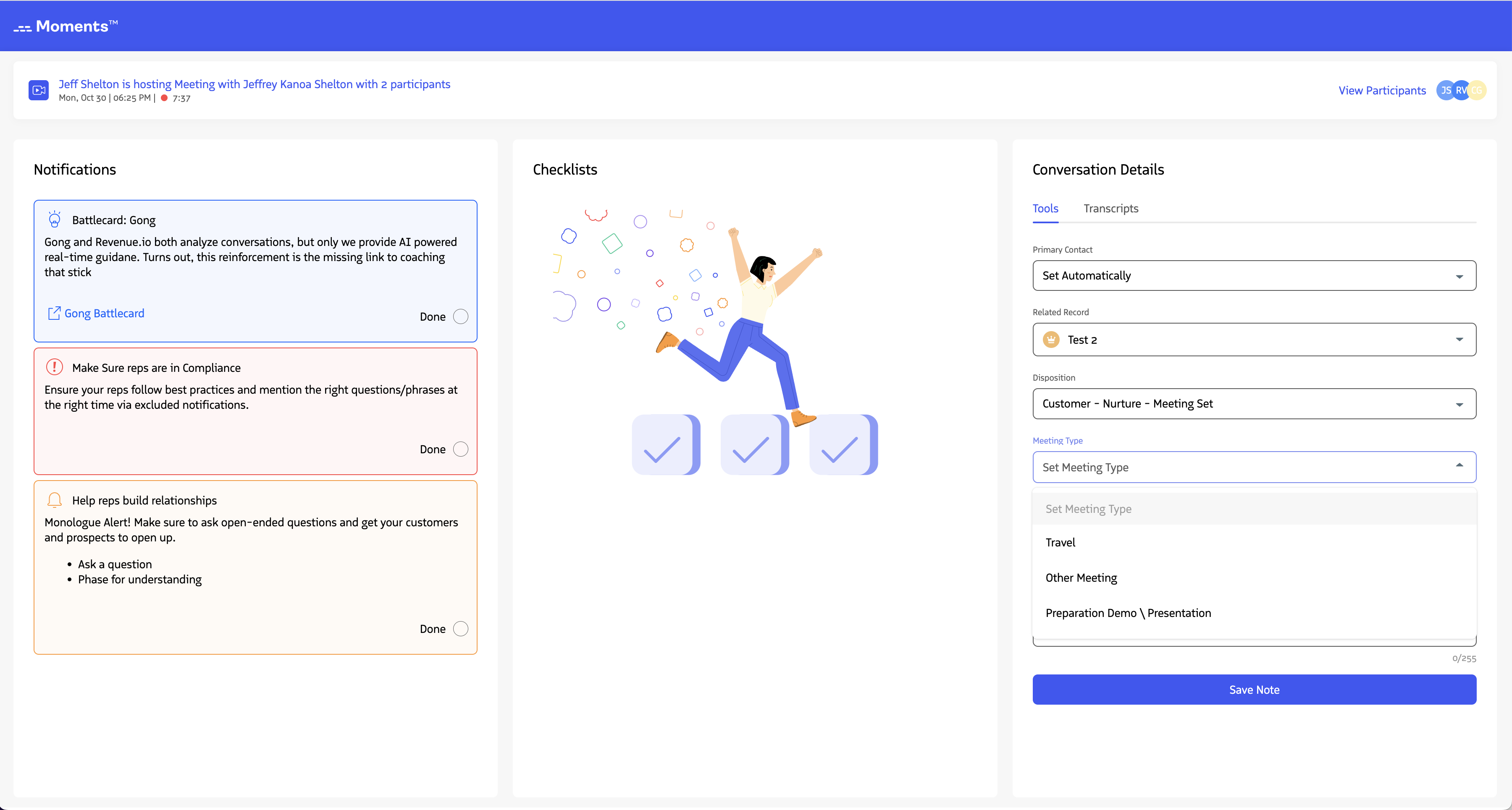 The meeting type dropdown showing available meeting types.