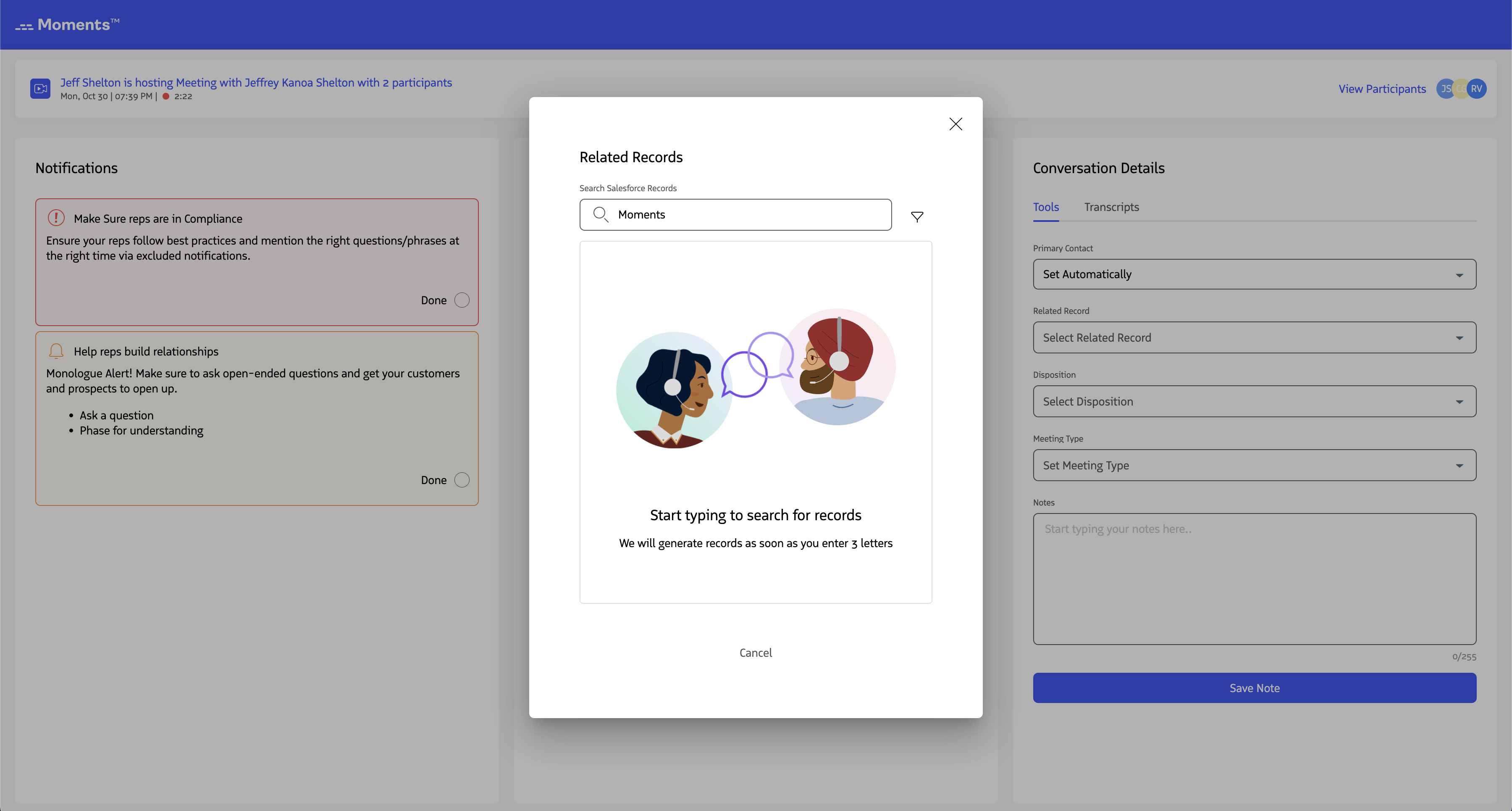 The search modal for finding related records.