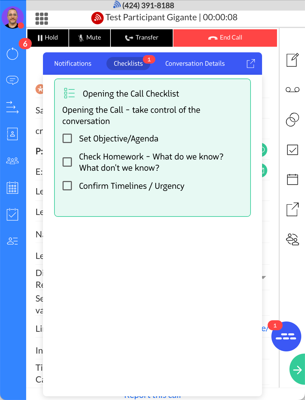 The Checklists panel showing active checklist items.