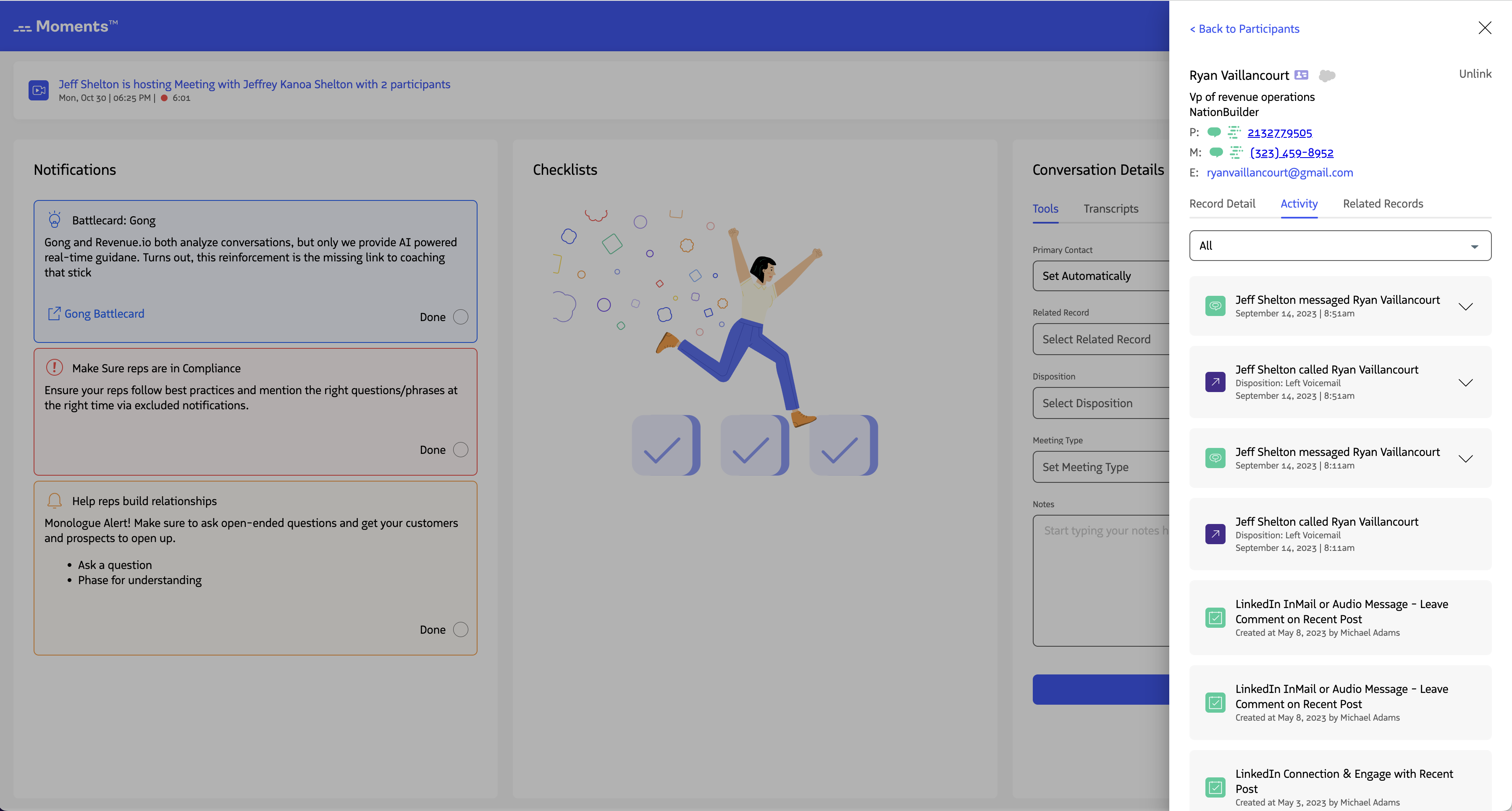 A list of activities associated with a participant record.