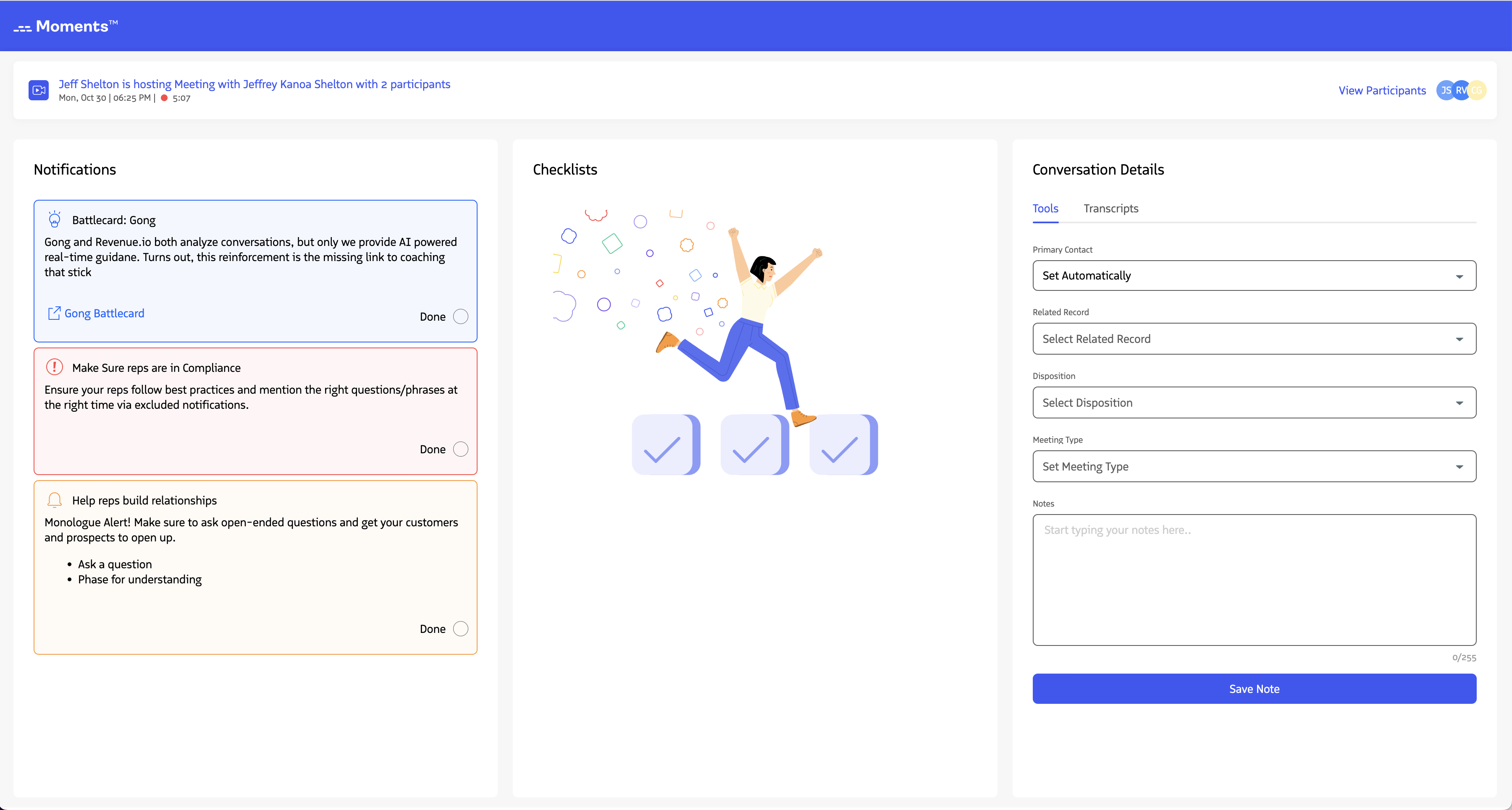 The Moments App header showing meeting details and participant avatars with a View Participants link.
