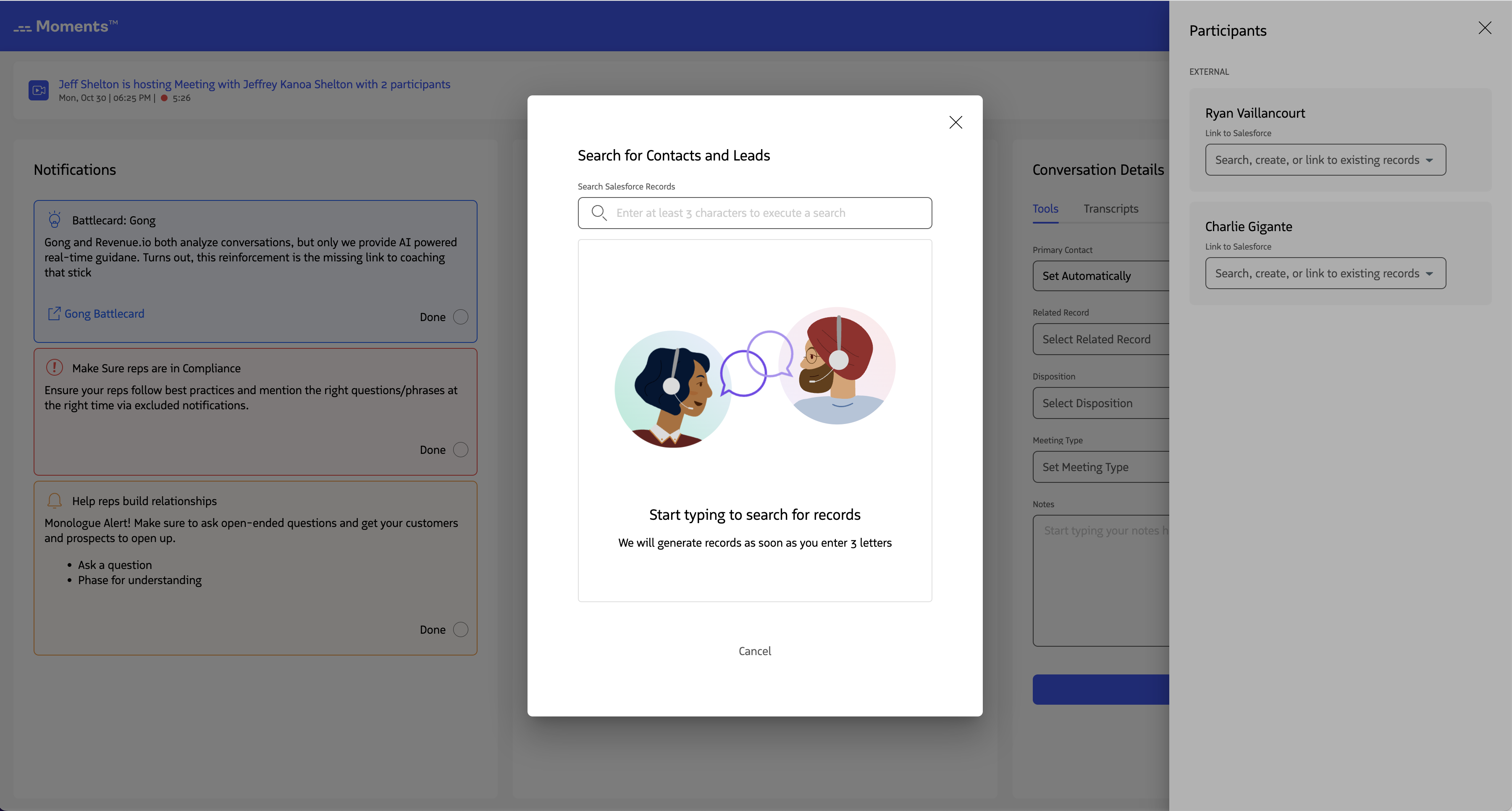 The search bar where you enter a name to search for contacts and leads.