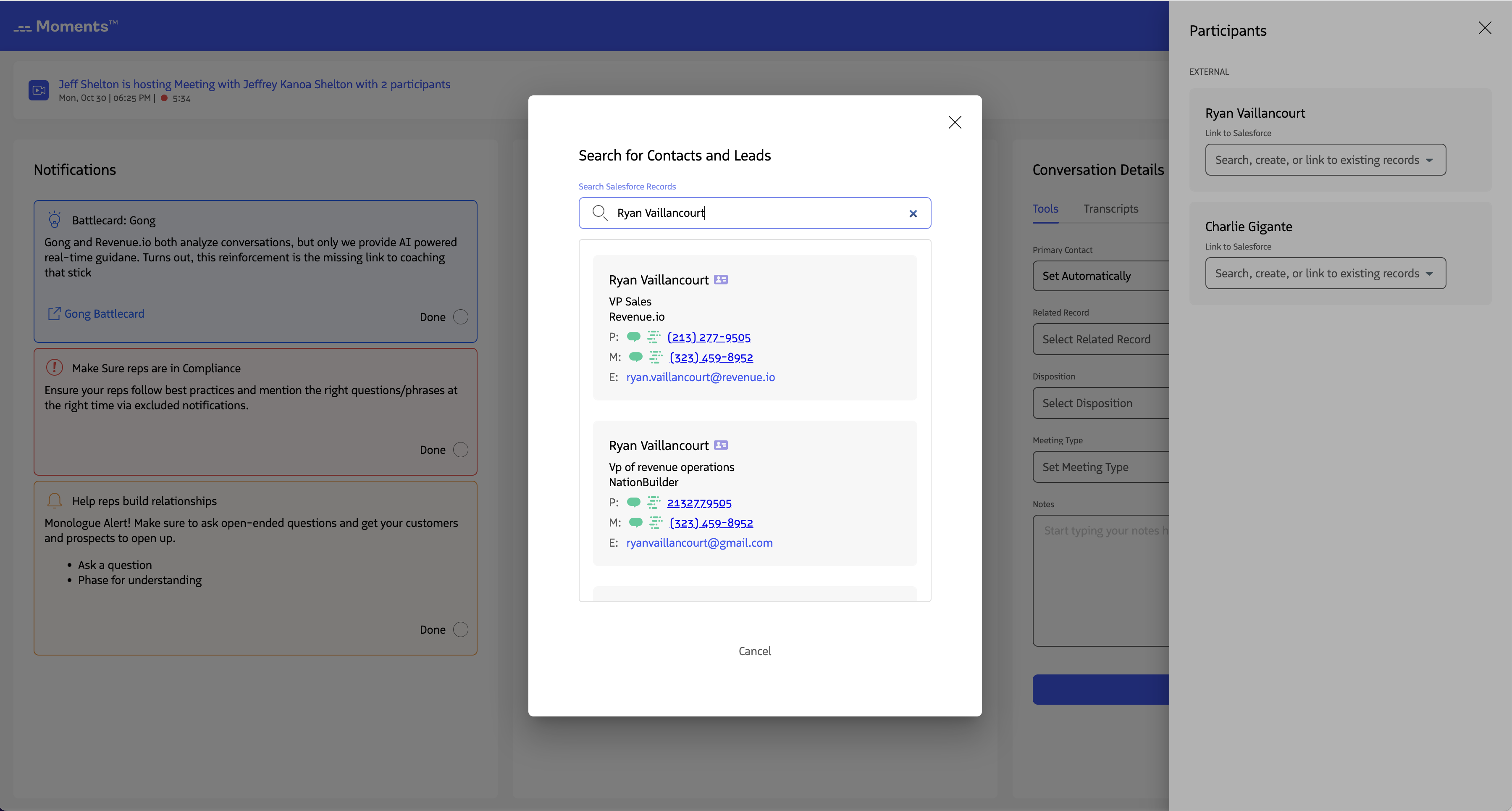 Search results showing matching contacts and leads.