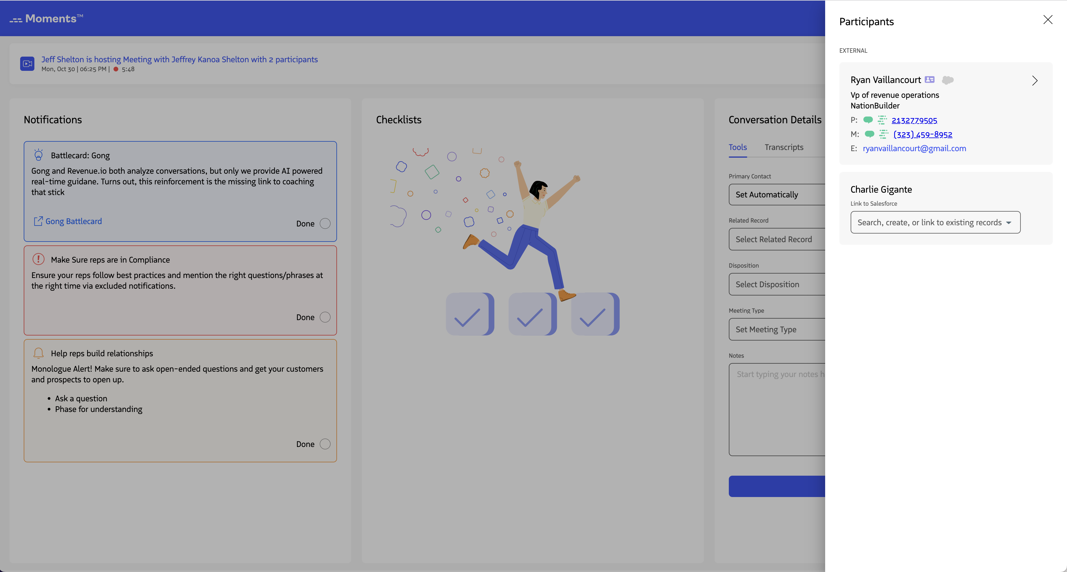 A selected search result linked to a meeting participant.
