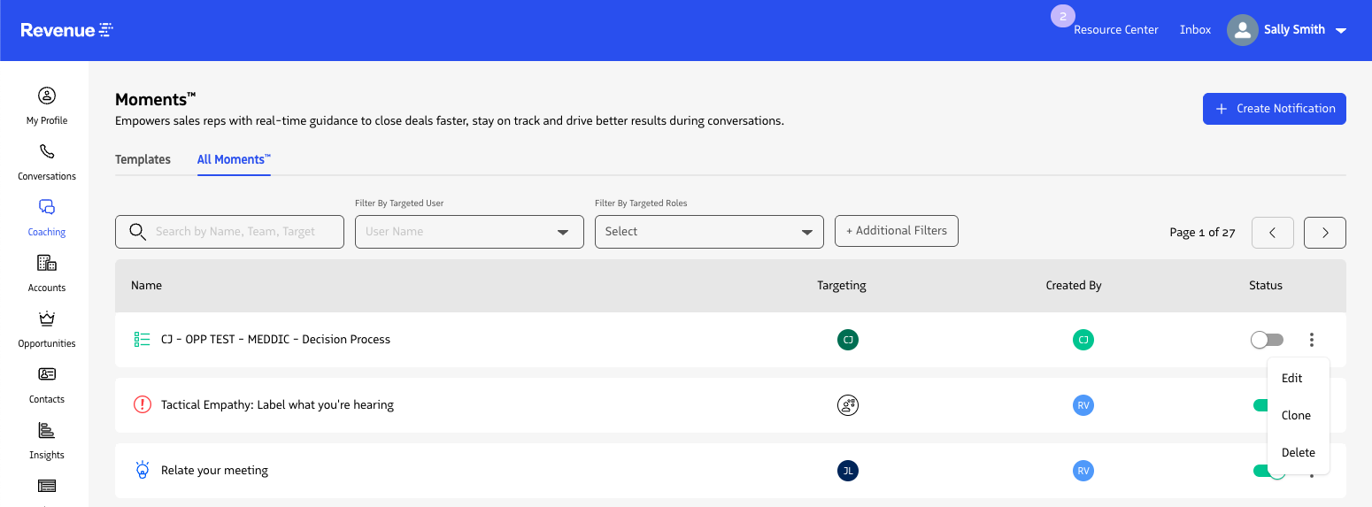 The manage icon menu on a notification showing the Edit, Clone, and Delete options.
