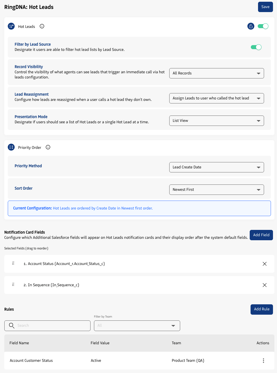 Hot Leads settings