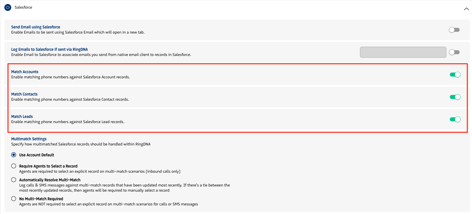 Phone Match user settings