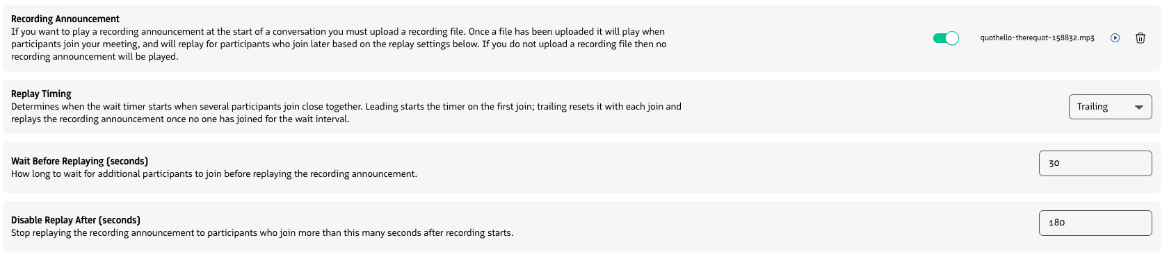 Meeting Assistant recording announcement settings